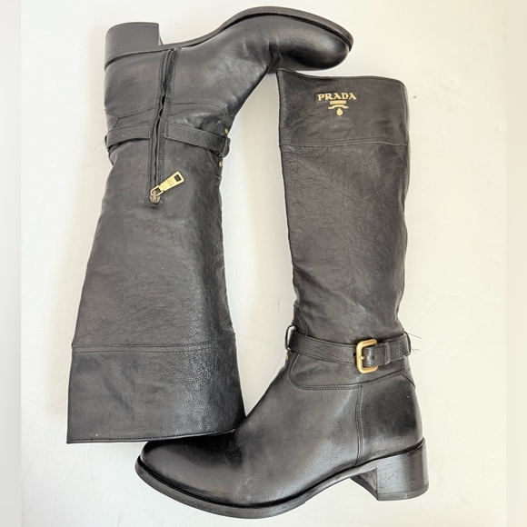 Prada Vintage Black pebbled leather Logo Embellished Riding boots EU 39.5 - Picture 1 of 10